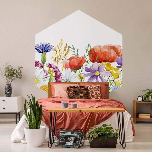 Self-adhesive hexagonal pattern wallpaper - Watercolour Flowers