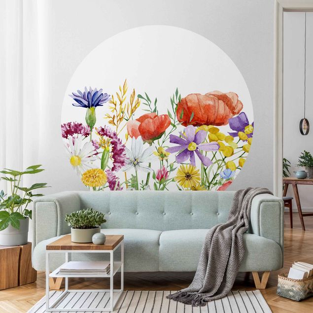 Self-adhesive round wallpaper - Watercolour Flowers