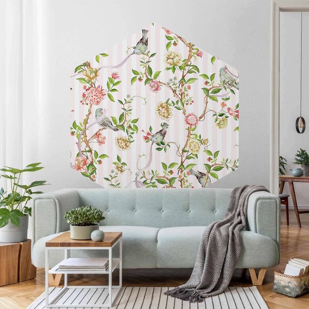 Self-adhesive hexagonal pattern wallpaper - Watercolour Flower Tendrils With Birds