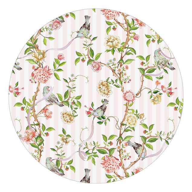 Self-adhesive round wallpaper - Watercolour Flower Tendrils With Birds