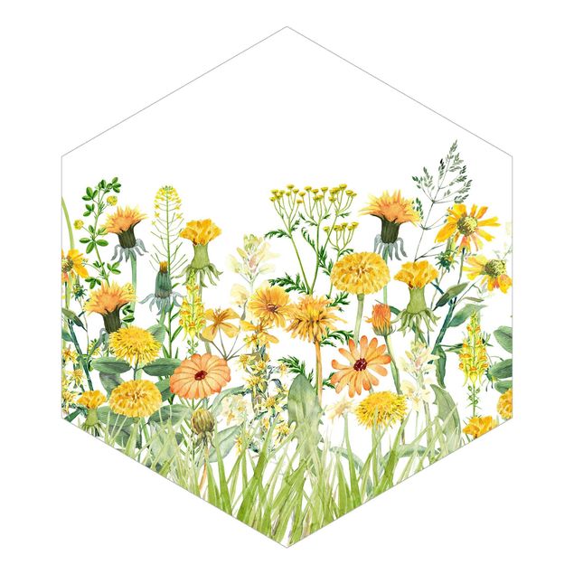 Self-adhesive hexagonal pattern wallpaper - Watercolour Flower Meadow In Gelb