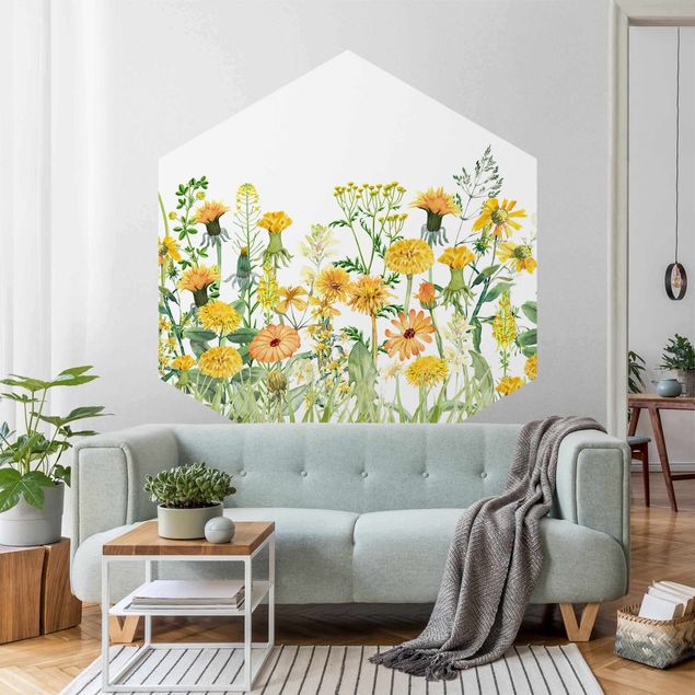 Self-adhesive hexagonal pattern wallpaper - Watercolour Flower Meadow In Gelb