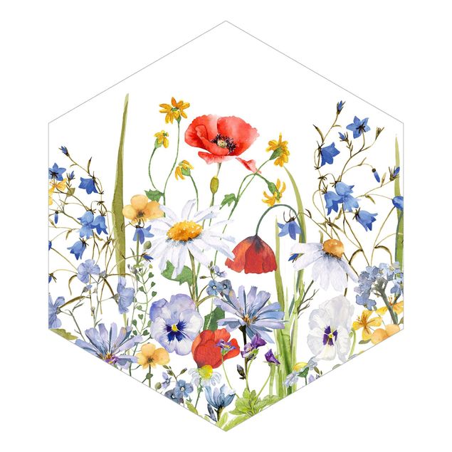 Self-adhesive hexagonal pattern wallpaper - Watercolour Flower Meadow With Poppies