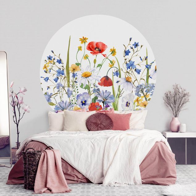 Self-adhesive round wallpaper - Watercolour Flower Meadow With Poppies