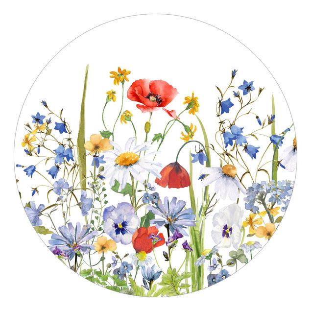 Self-adhesive round wallpaper - Watercolour Flower Meadow With Poppies