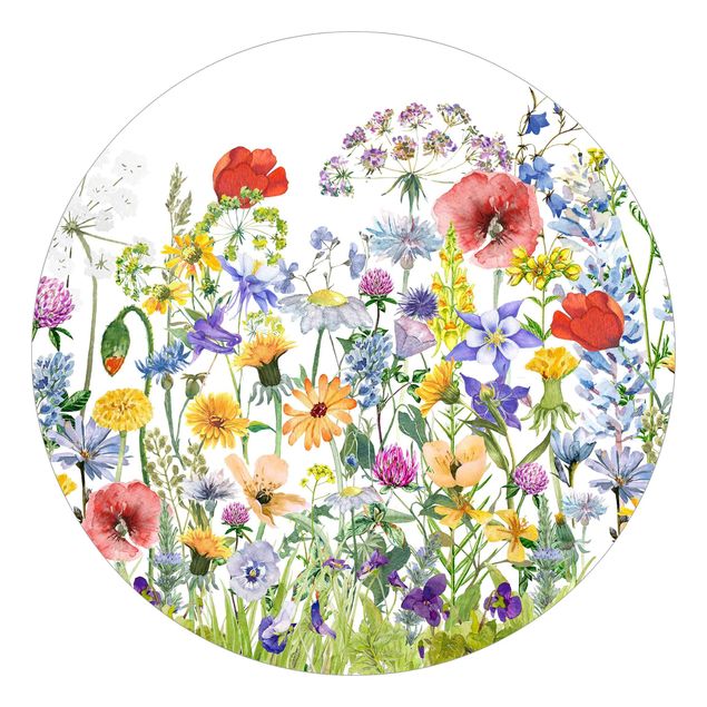 Self-adhesive round wallpaper - Watercolour Flower Meadow