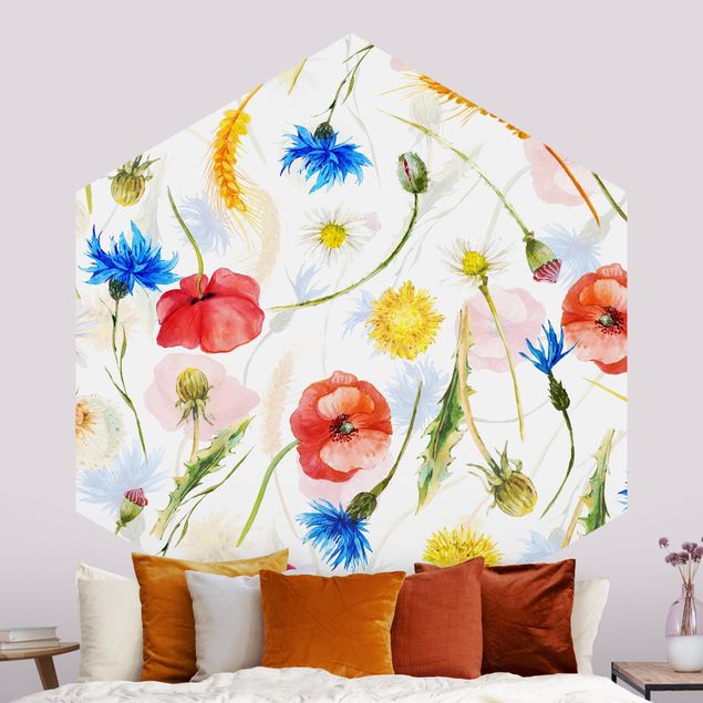 Hexagonal wall mural Watercolour Wild Flowers With Poppies