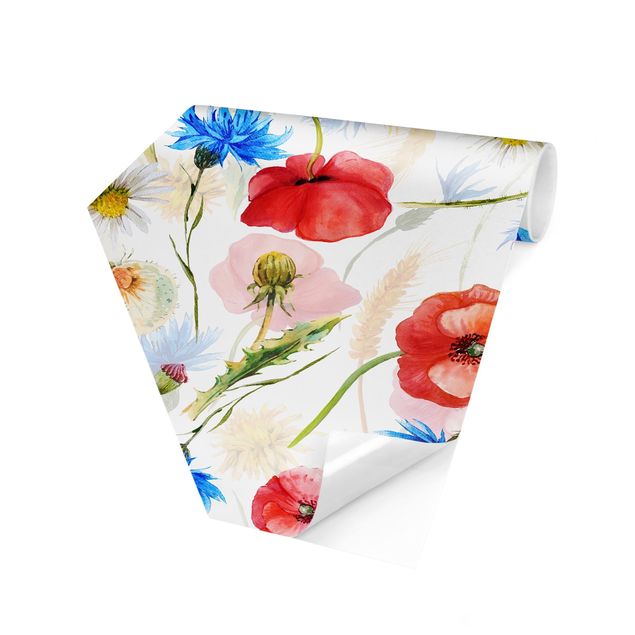 Self-adhesive hexagonal pattern wallpaper - Watercolour Wild Flowers With Poppies