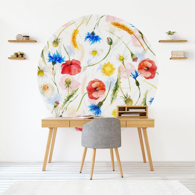 Self-adhesive round wallpaper - Watercolour Wild Flowers With Poppies
