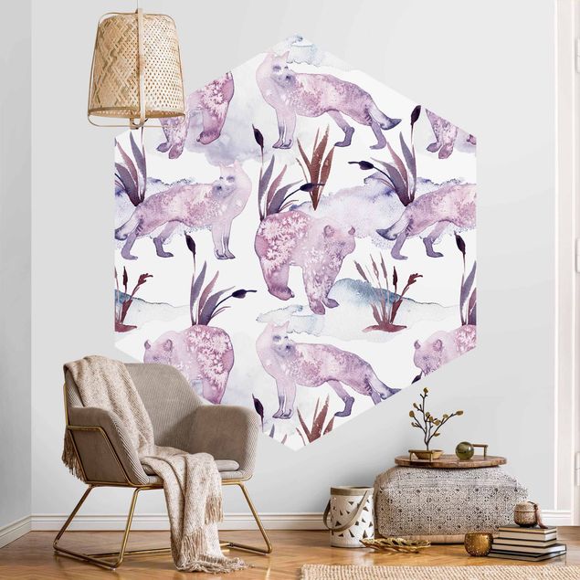 Self-adhesive hexagonal pattern wallpaper - Watercolour Foxes With Bear