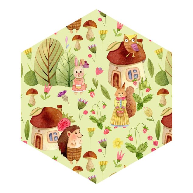 Self-adhesive hexagonal pattern wallpaper - Watercolour Hedgehog With Owl Illustration On Green
