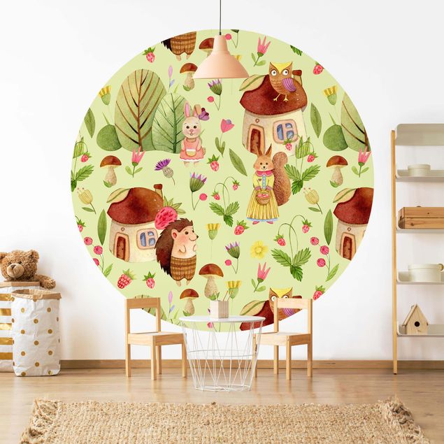 Self-adhesive round wallpaper - Watercolour Hedgehog With Owl Illustration On Green