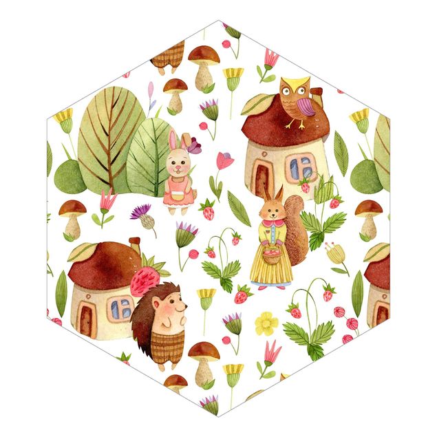 Self-adhesive hexagonal pattern wallpaper - Watercolour Hedgehog With Owl Illustration
