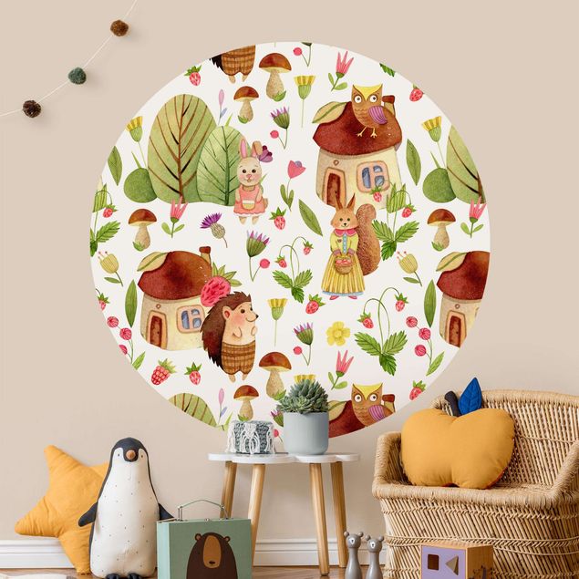 Self-adhesive round wallpaper - Watercolour Hedgehog With Owl Illustration