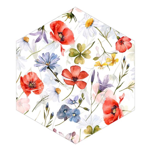 Self-adhesive hexagonal pattern wallpaper - Watercolour Poppy With Cloverleaf