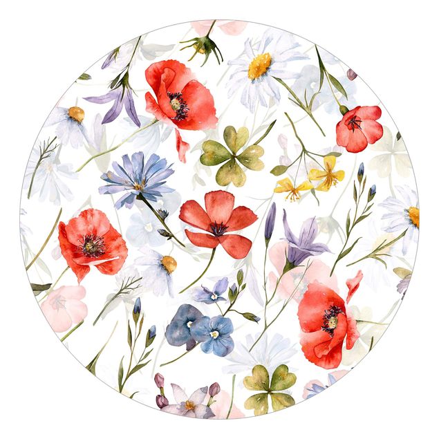 Self-adhesive round wallpaper - Watercolour Poppy With Cloverleaf