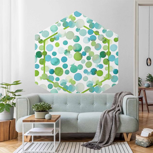 Self-adhesive hexagonal pattern wallpaper - Watercolour Dots Confetti In Bluish Green
