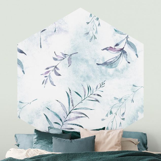 Hexagonal wallpapers Watercolour Branches In Mint Blue