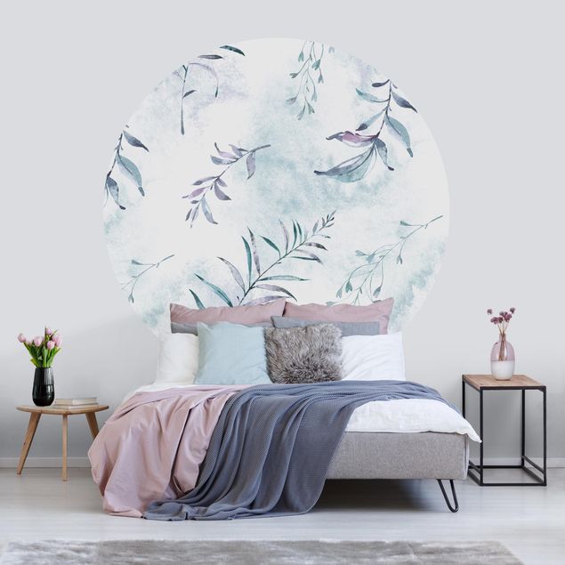 Self-adhesive round wallpaper - Watercolour Branches In Mint Blue