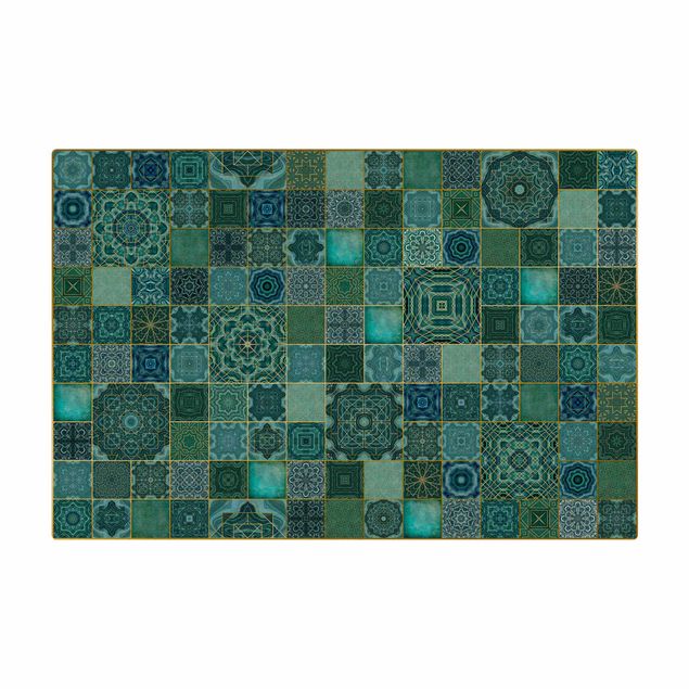 large floor mat Art Deco Tiles Green Marble With Golden Shimmer