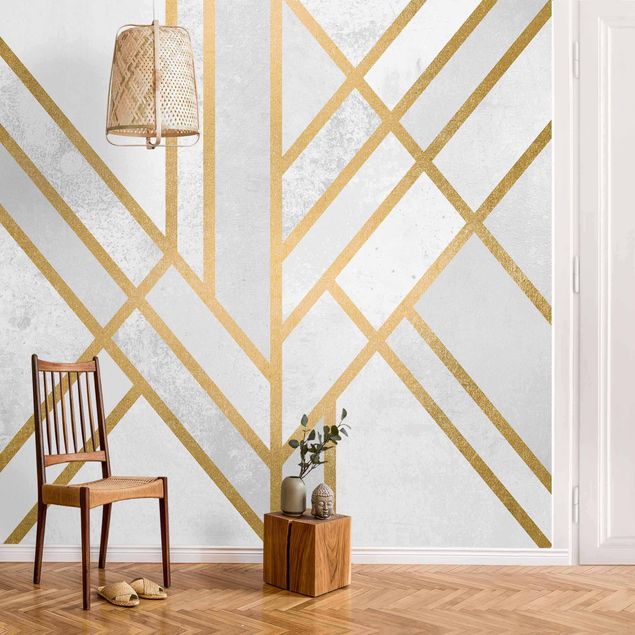 Wallpaper - Art Deco Geometry White Gold