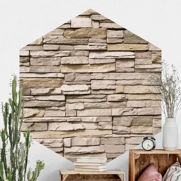 Hexagonal wall mural Asian Stonewall - Stone Wall From Large Light Coloured Stones