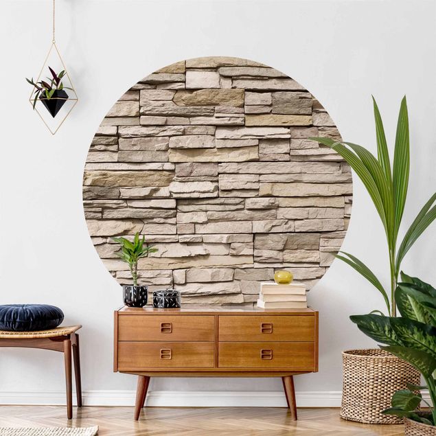 Self-adhesive round wallpaper - Asian Stonewall - Stone Wall From Large Light Coloured Stones