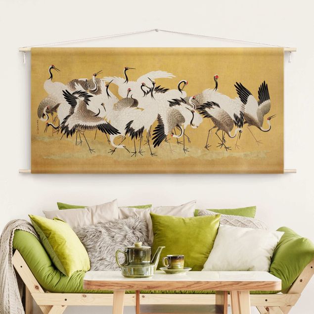modern wall tapestry Asian Crane With Gold Look