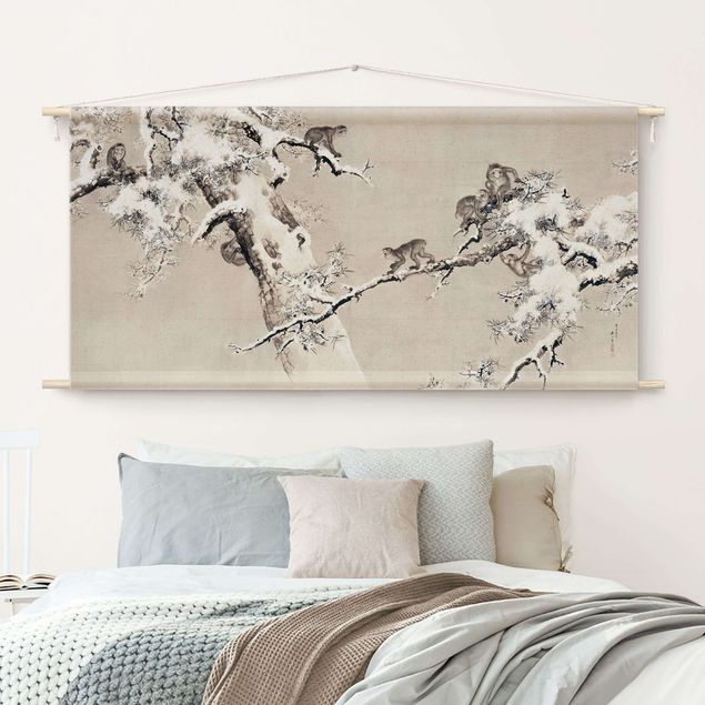 modern wall tapestry Asian Drawing - Monkeys In The Snow