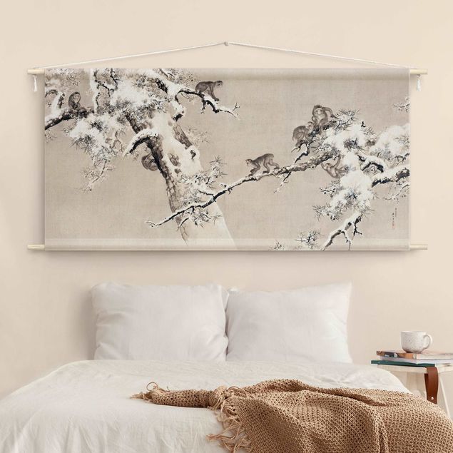 nature wall tapestry Asian Drawing - Monkeys In The Snow