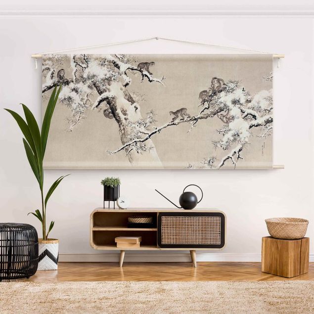 forest wall tapestry Asian Drawing - Monkeys In The Snow