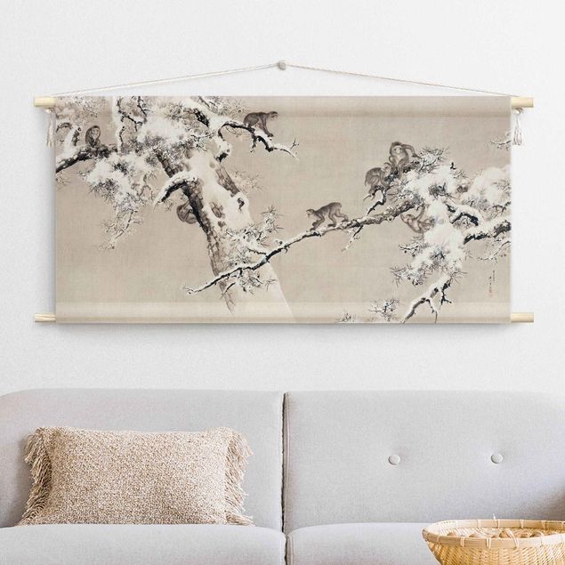 vintage tapestry wall hanging Asian Drawing - Monkeys In The Snow