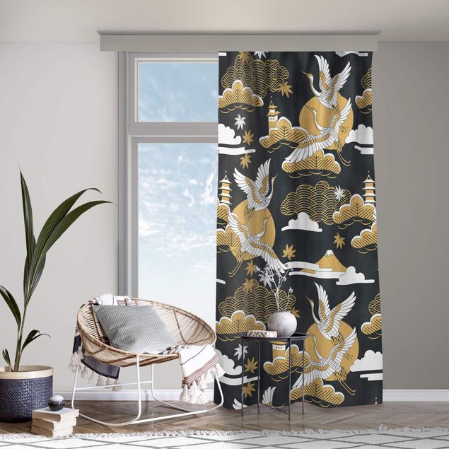 custom curtain Asian Pattern With Cranes In Autumn