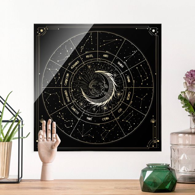 Magnettafel Glas Astrology Moon And Zodiac Signs Black