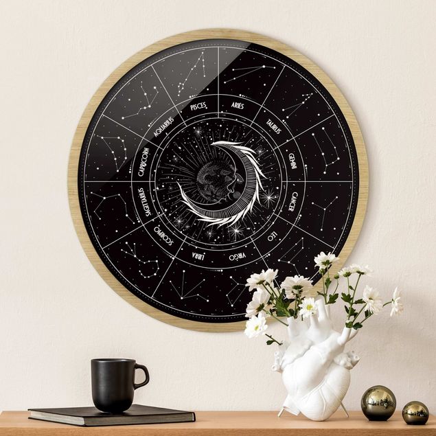 Framed prints round Astrology Moon And Zodiac Signs Black