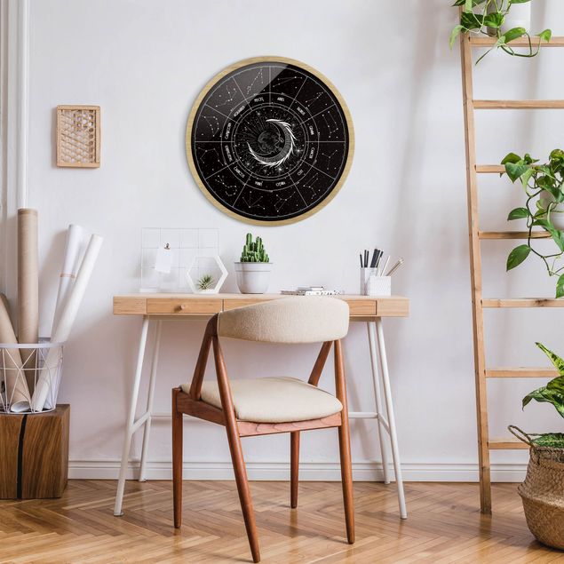 Circular framed print - Astrology Moon And Zodiac Signs Black