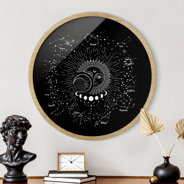 Framed prints round Astrology Sun Moon And Stars Black