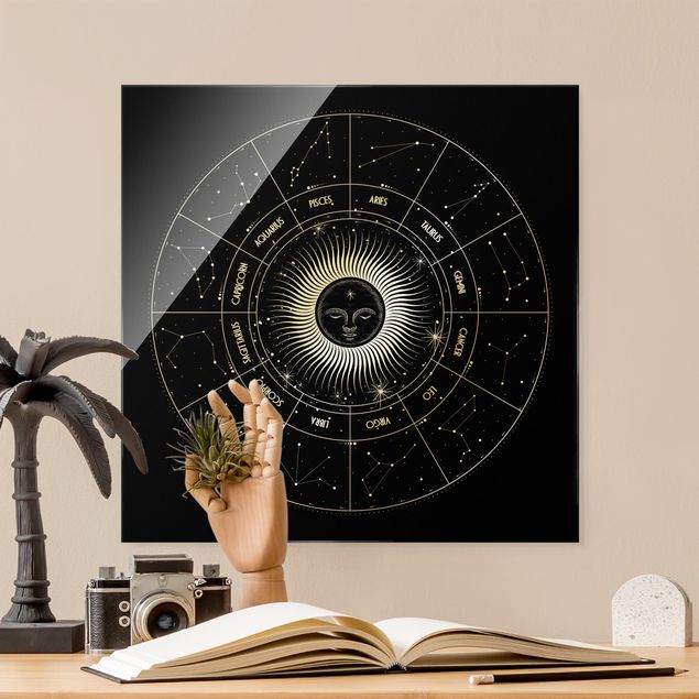 Glass print - Astrology Zodiac Sign In A Sun Circle Black - Square