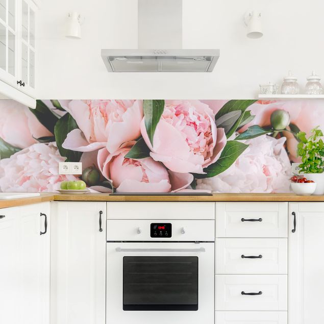 Kitchen wall cladding - Pink Peonies With Leaves