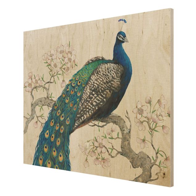 Print on wood - Vintage Peacock With Cherry Blossoms