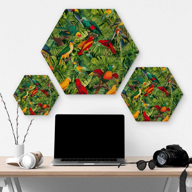 Hexagon Picture Wood - Colorful Collage - Parrot In The Jungle