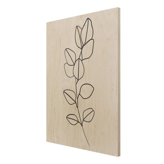 Print on wood - Line Art Branch Leaves Black And White
