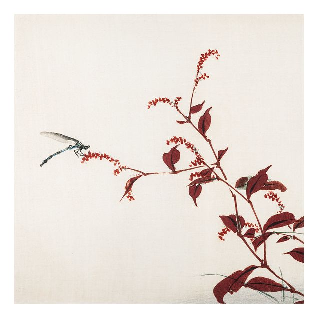 Glass Splashback - Asian Vintage Drawing Red Branch With Dragonfly - Square 1:1