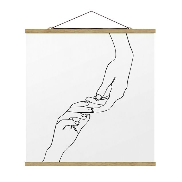 Fabric print with poster hangers - Line Art Hands Touching Black And White