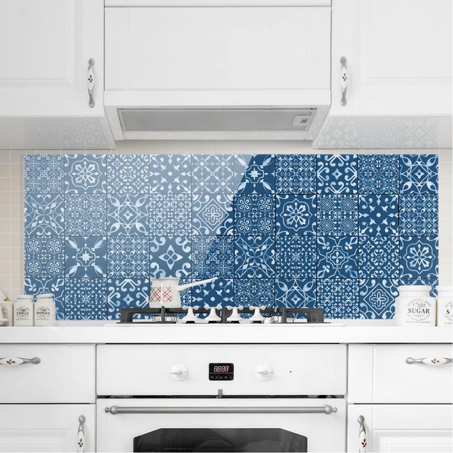 Glass splashback kitchen tiles Patterned Tiles Navy White