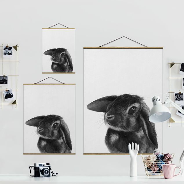 Fabric print with poster hangers - Illustration Rabbit Black And White Drawing