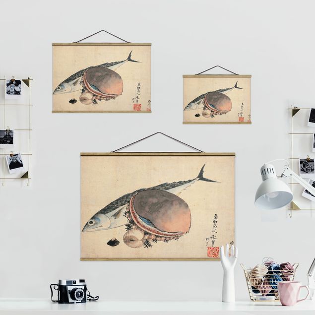 Fabric print with poster hangers - Katsushika Hokusai - Mackerel and Sea Shells