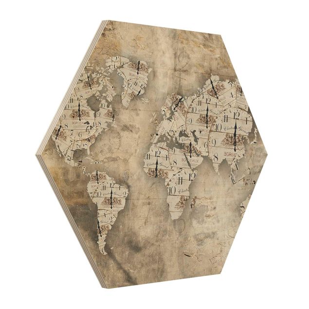 Wooden hexagon - Shabby Clocks World Map