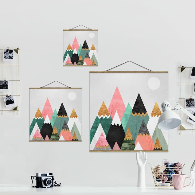 Fabric print with poster hangers - Triangular Mountains With Gold Tips