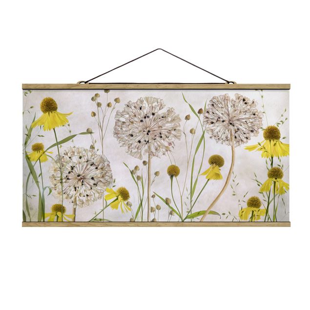 Fabric print with poster hangers - Allium And Helenium Illustration